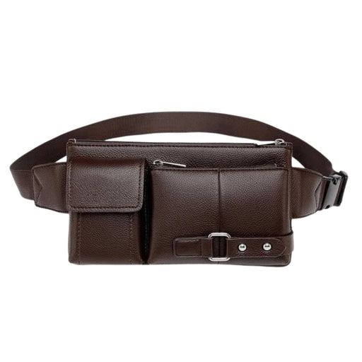 Brown leather waist bag with multiple compartments, including zippered and flap pockets – 1600007588949 14145394