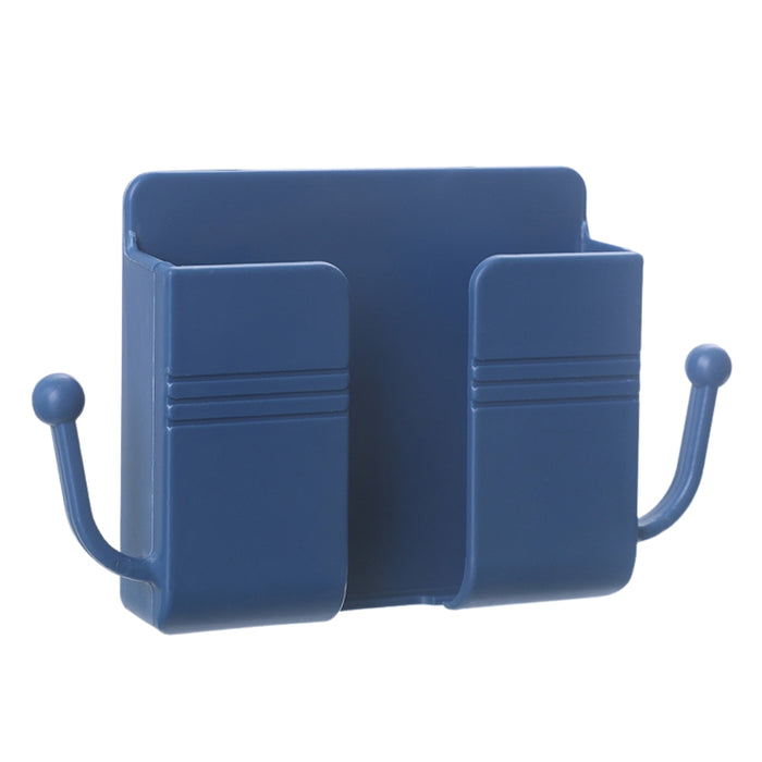 Blue wall-mounted storage box with two compartments and dual side hooks—designed for holding remotes, mobile phones, and plugs while charging—sleek multifunction design – 1598448185067 13069398.
