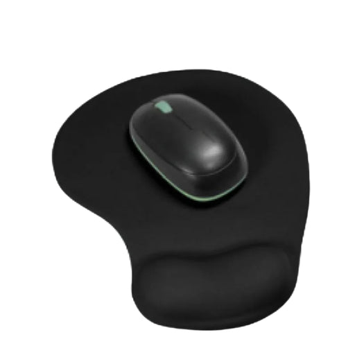 Digital Shoppy black silicone mouse pad with built-in wrist guard, featuring a raised ergonomic cushion for wrist support. A sleek black mouse with green accents rests on top, ideal for reducing strain during prolonged computer use—perfect for workstations, gaming setups, or home offices -1595811 13048945.
