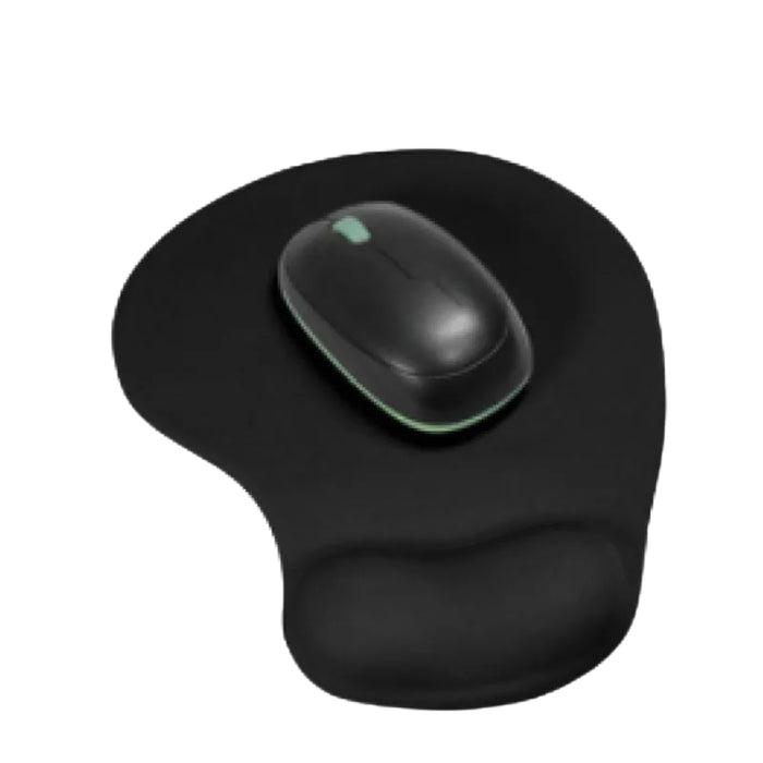 Digital Shoppy black silicone mouse pad with built-in wrist guard, featuring a raised ergonomic cushion for wrist support. A sleek black mouse with green accents rests on top, ideal for reducing strain during prolonged computer use—perfect for workstations, gaming setups, or home offices -1595811 13048945.