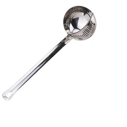 Metallic ladle with a black handle on a white background