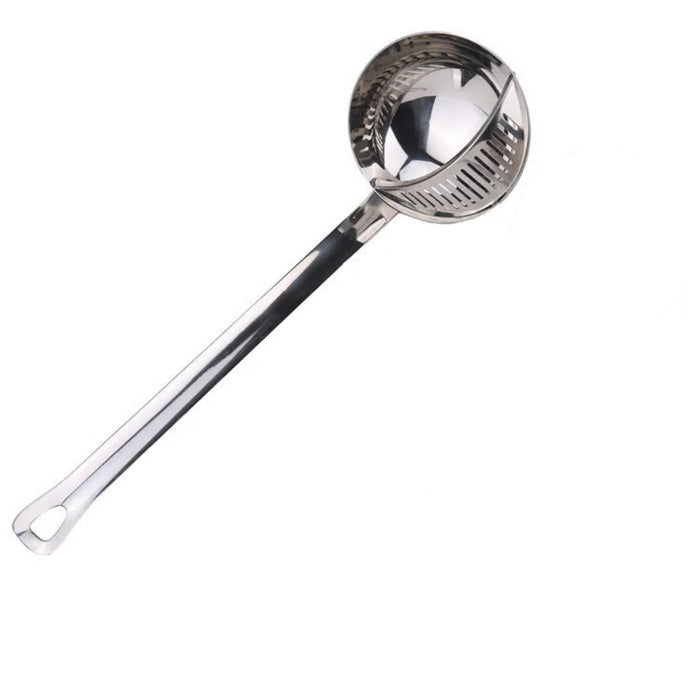 Metallic ladle with a black handle on a white background