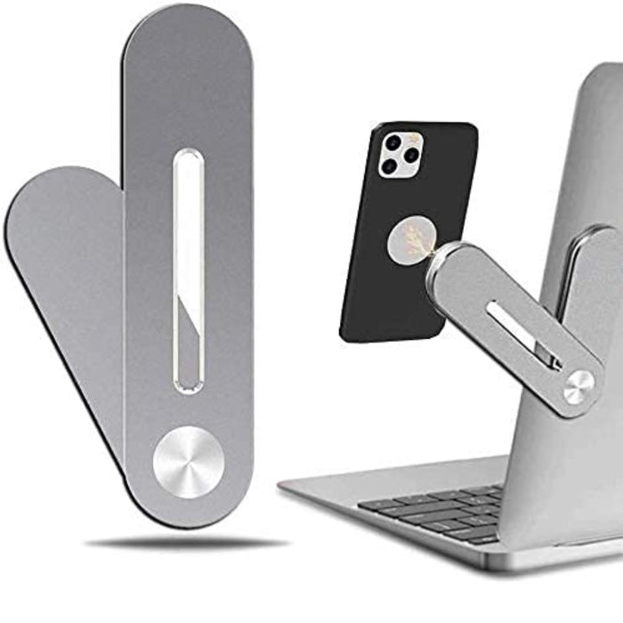 Silver magnetic phone holder mounted to laptop side – sleek adjustable arm holds smartphone securely for multitasking – 1747662 14007838