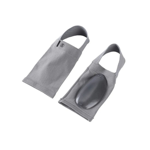 Two gray pouches with a central oval opening on a white background