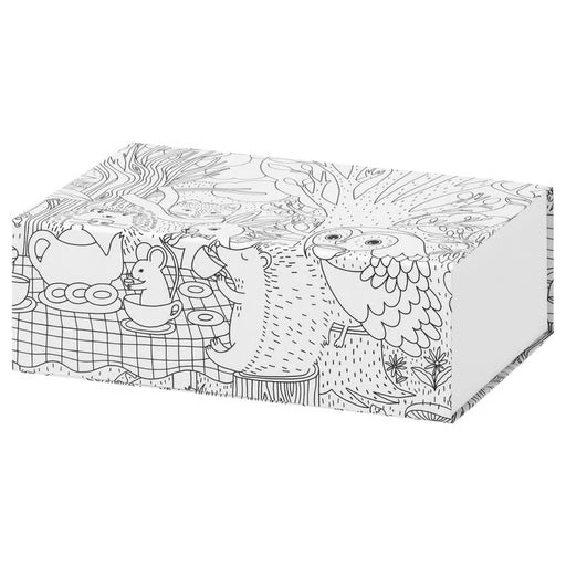 IKEA SKOGSDUVA box, patterned/multicolour, 25x17x8.5 cm (9 ¾x6 ¾x3 ¼"); whimsical black-and-white tea party illustration with bear, mouse, and owl in forest setting – ideal for playful storage and kids’ room decor - 70596539