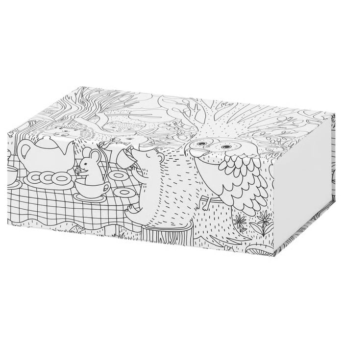 IKEA SKOGSDUVA box, patterned/multicolour, 25x17x8.5 cm (9 ¾x6 ¾x3 ¼"); whimsical black-and-white tea party illustration with bear, mouse, and owl in forest setting – ideal for playful storage and kids’ room decor - 70596539
