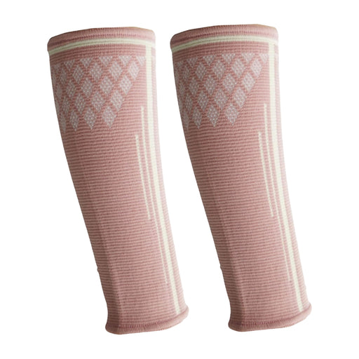 Pair of pink volleyball arm guards with white geometric patterns – stretchy compression sleeves for forearm support – 1600002527315