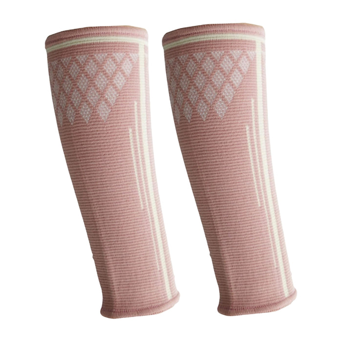 Pair of pink volleyball arm guards with white geometric patterns – stretchy compression sleeves for forearm support – 1600002527315