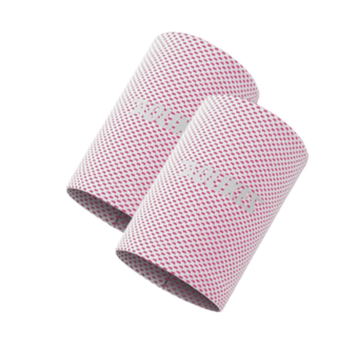 Pair of medium-sized pink cooling wrist support braces with “SPORTS” printed in white—dotted texture enhances breathability; designed for gym, tennis, and yoga use as an ice wrap or sweatband – 1598448414248 12718549.