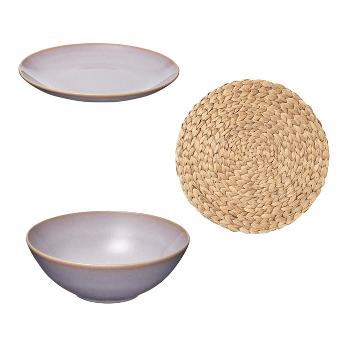 IKEA Dining Set: Natural Water Hyacinth Placemats & Glossy Light Pink Stoneware