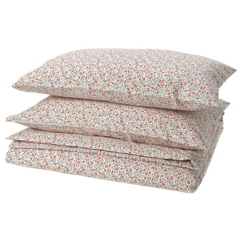 “Folded duvet cover set with two pillowcases, white fabric with small multicolour floral print, size 240x220 cm and 50x80 cm.”

