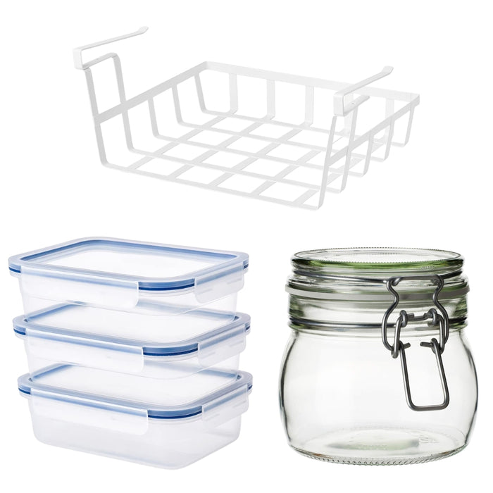 IKEA Kitchen Storage Set - PÅLYCKE Clip-on Basket, IKEA 365+ Containers (3pack) & KORKEN Glass Jar