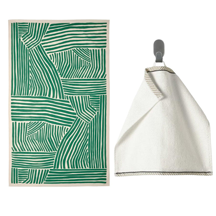 Ikea NÄBBFISK Tablecloth, Patterned Off-White/Dark Green, 145x240 cm with VIKFJÄRD Washcloth, white, 30x30 cm