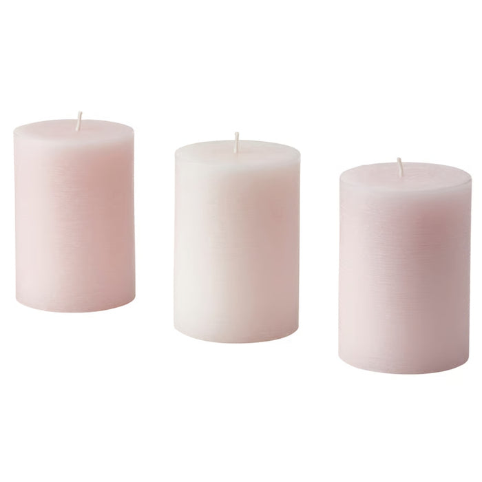 IKEA LUGNARE Scented pillar candle, Jasmine/pink, 30 hr, set of three pastel pink candles with smooth finish – 90502139