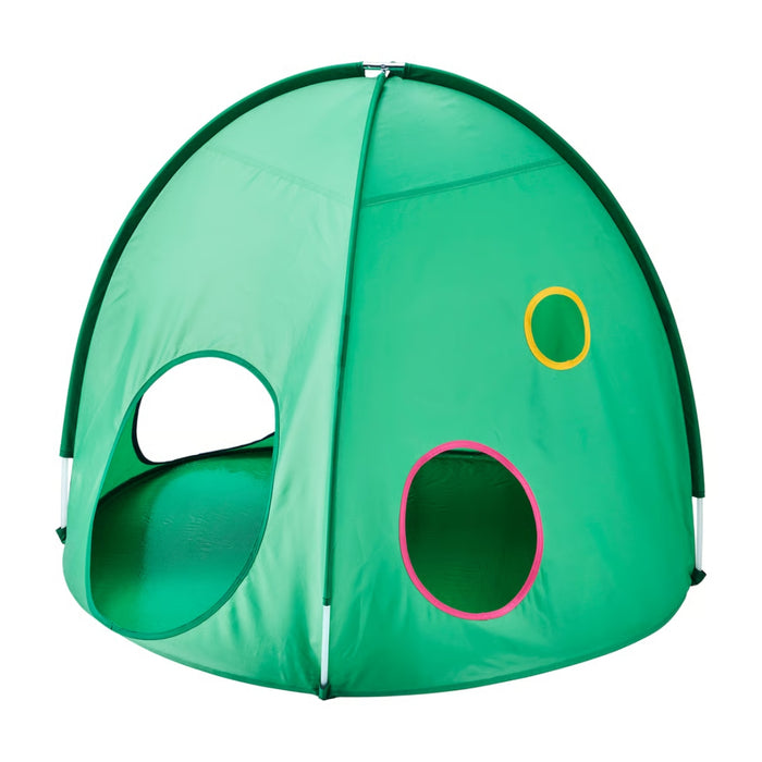 Green children's play tent with colorful circular windows on a white background