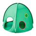 Green children's play tent with colorful circular windows on a white background