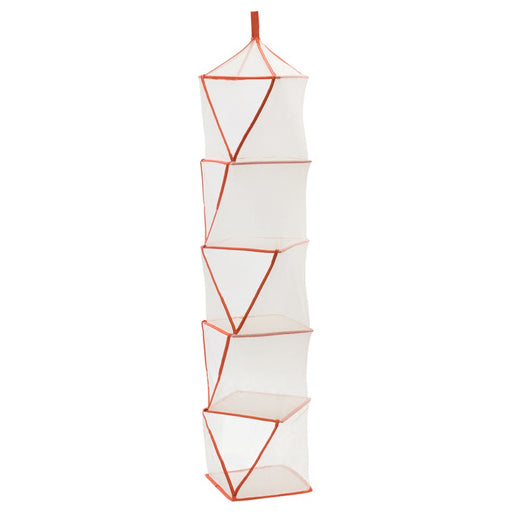 Geometric shelf with orange accents on a white background