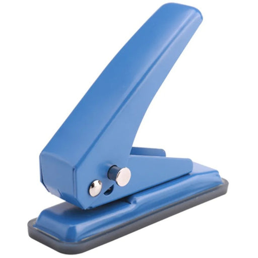 Blue round-hole stationery puncher designed for loose-leaf paper; capable of punching up to 20 sheets at once. Features a sturdy metal lever with a smooth grip handle, a compact body with rubberized anti-slip base, and precision-cut hole guides for consistent alignment. Ideal for office, school, or home use—supports binder organization across four style variations – 1598448803339 13141950.