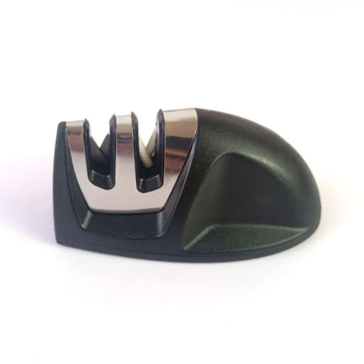 Knife sharpener with black and silver design on a white background
