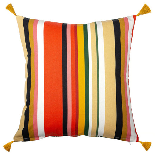 Colorful striped pillow with tassels on a white background