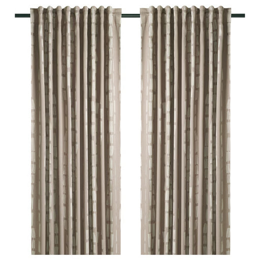 IKEA HÄCKBERBERIS room darkening curtains in beige, shown hanging from black rod with subtle vertical rectangular pattern, 145x250 cm size