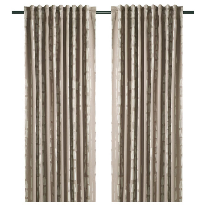 IKEA HÄCKBERBERIS room darkening curtains in beige, shown hanging from black rod with subtle vertical rectangular pattern, 145x250 cm size