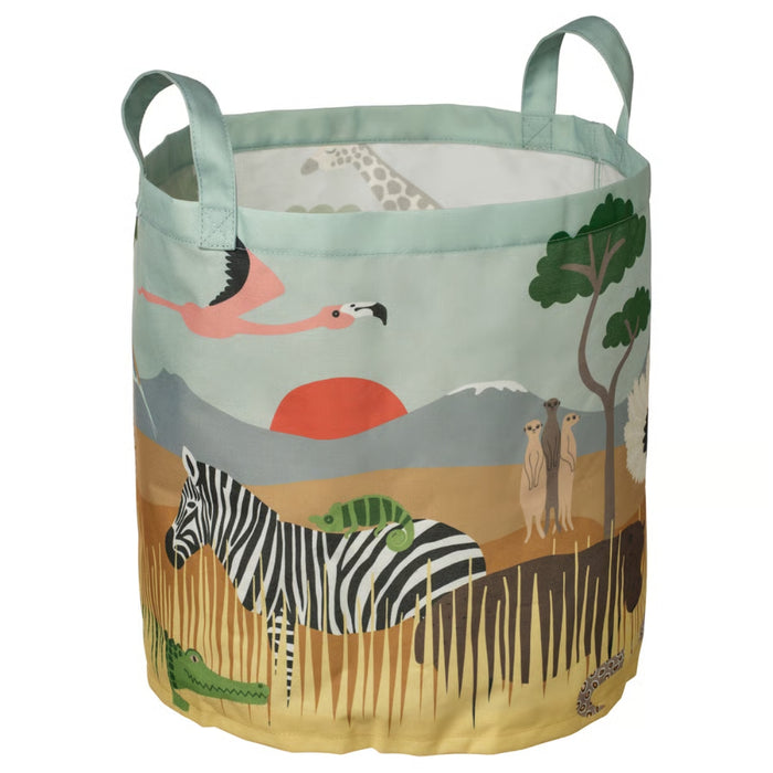 Decorative laundry basket with animal-themed design on a white background