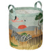 Decorative laundry basket with animal-themed design on a white background