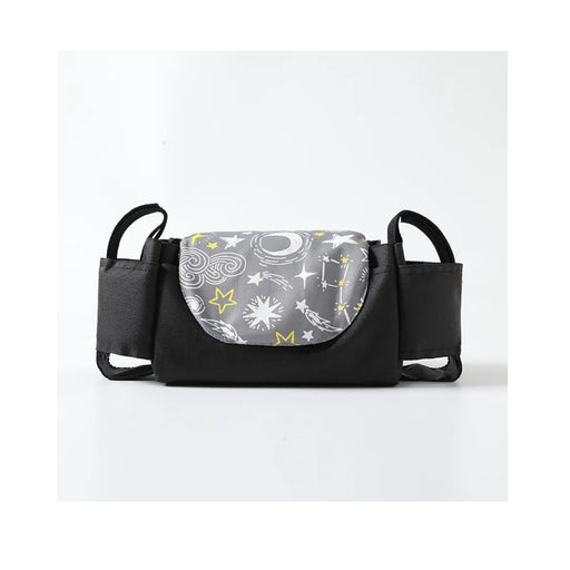 Black and gray bag with celestial pattern on a white background