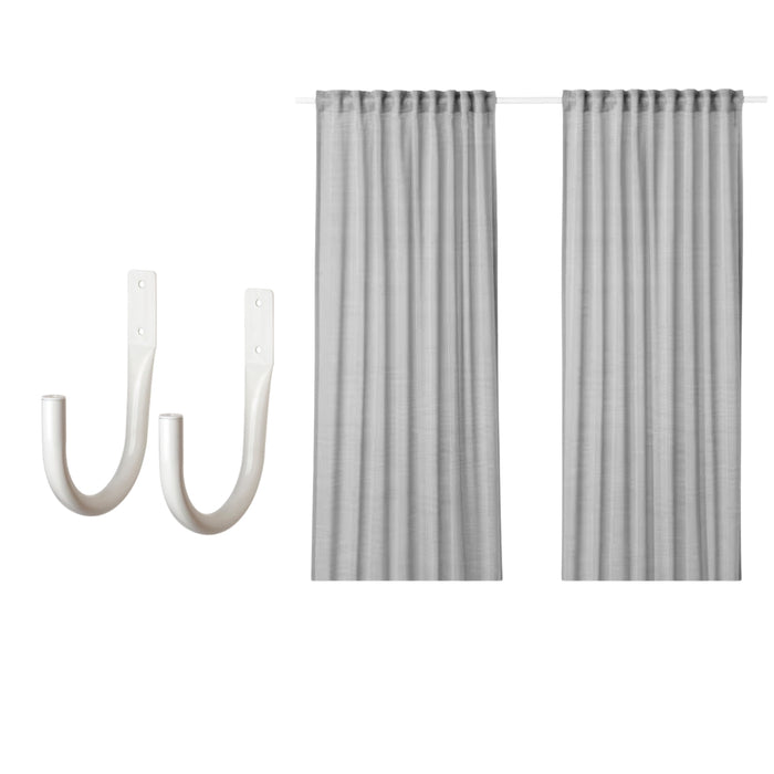 IKEA HILJA Curtains Grey 1 Pair 145x250 cm with KNÖLFLY White Tie‑Back Curtain Holder 2 Pack