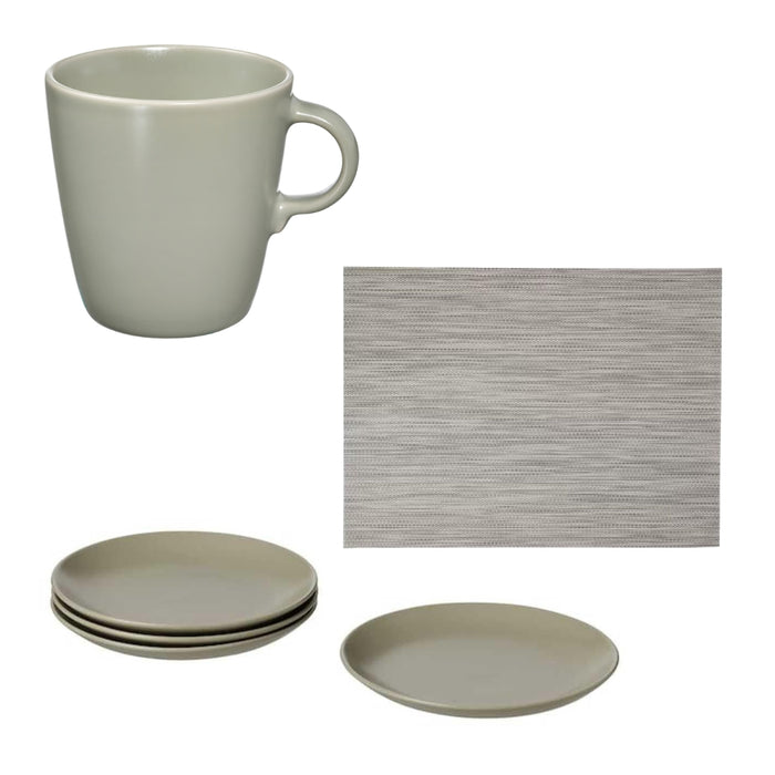 IKEA Dining Set: 4-Pack FÄRGKLAR Matt Green Plates & Mugs with SNOBBIG Light Grey Placemats