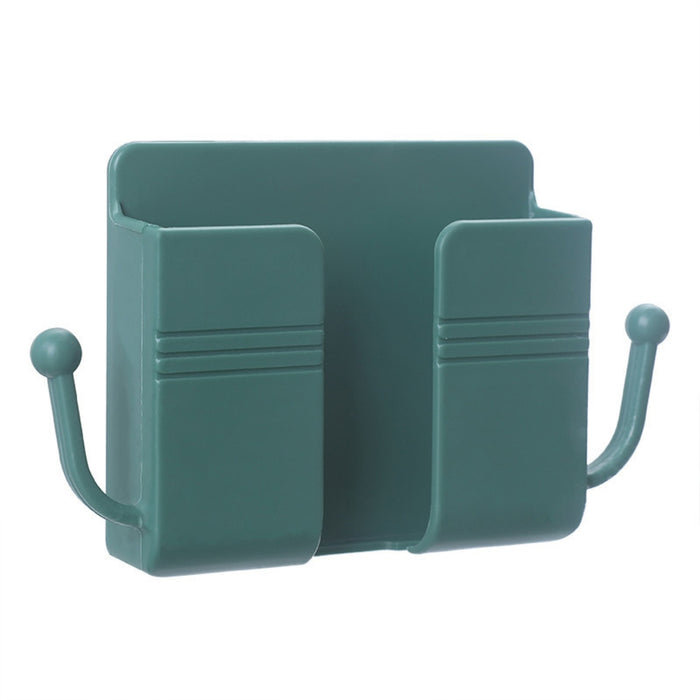 Green wall-mounted storage box with two compartments and side hooks—suitable for storing remotes, smartphones, plugs, and accessories during charging—practical multifunctional organizer – 1598448185066 13069397.