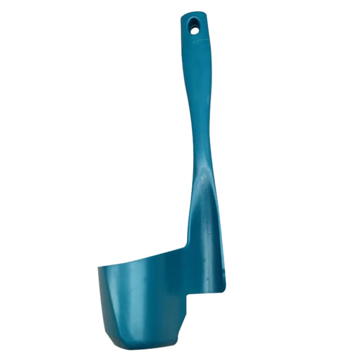 Blue plastic scoop with deep bowl and curved handle – designed for measuring dry goods like grains or pet food – 777701 13962262