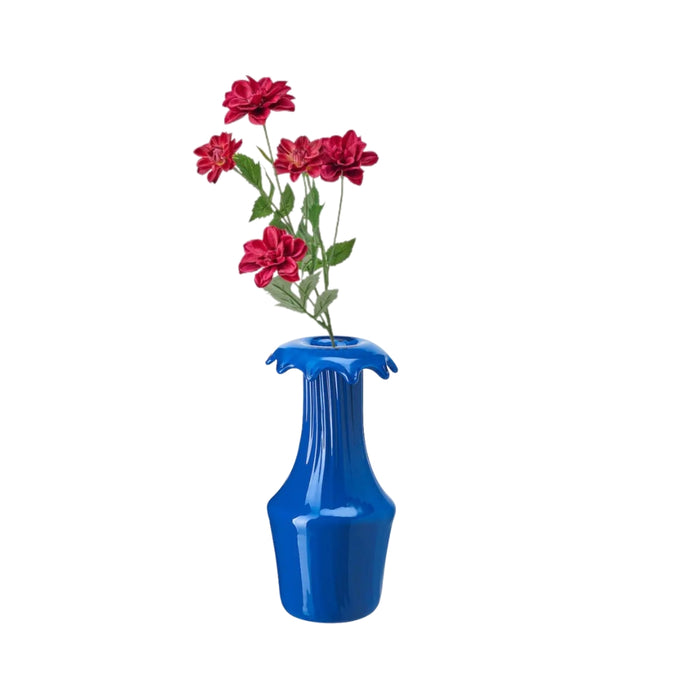 IKEA SMYCKA Artificial Flower Dahlia Dark Pink 66 cm with KARISMATISK Vase Blue 23 cm — Bold Floral Décor Combo