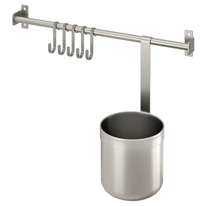 IKEA KUNGSFORS Rail with 5 hooks and 1 container, stainless steel, 40 cm (15 3/4 ")