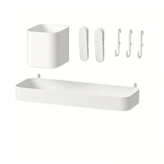 IKEA SKÅDIS 7-piece accessories set in white; includes tray, container, clips, and hooks – compatible with SKÅDIS pegboard system for customizable wall storage and organization - 80586417