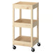 IKEA LOSHULT trolley in pine wood, three-tier design with raised edges and four black caster wheels, shown against white background