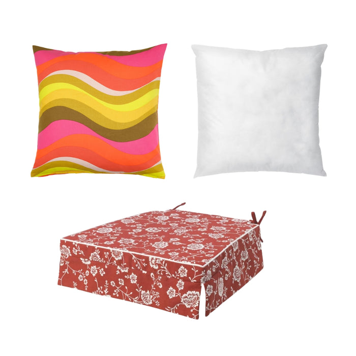 IKEA INNER Cushion Pad White Soft 50x50 cm with MYGGBLOMSTER Cushion Cover Bright Pink Multicolour 50x50 cm and ELSEBET Chair Pad Red 43x42x4 cm