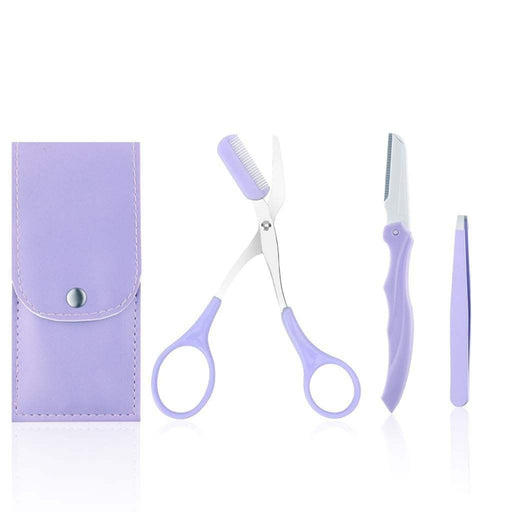 Eyebrow grooming kit purple scissors razor tweezers with carrying case 