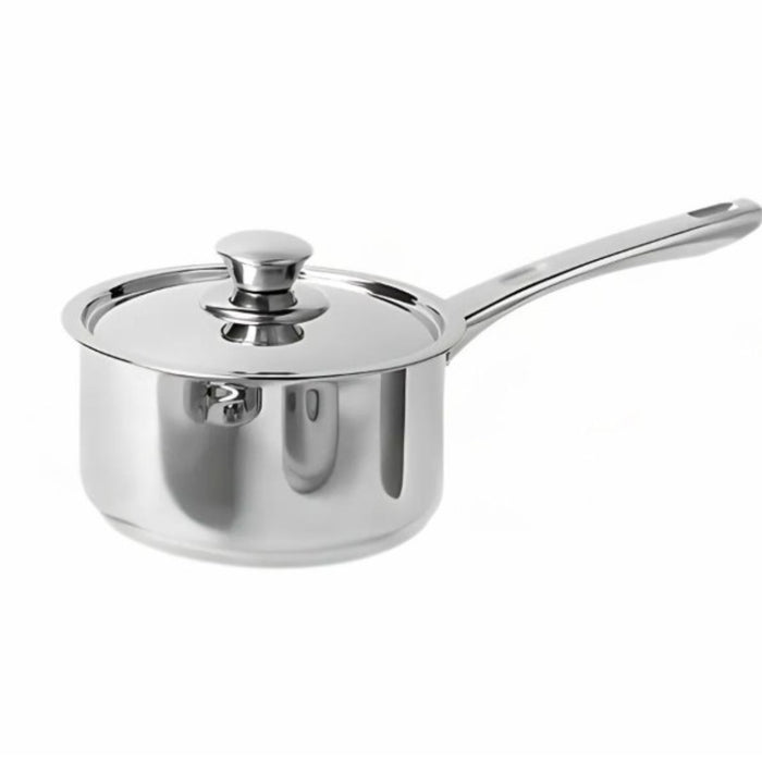 IKEA DVÄRGKRÄFTA stainless steel saucepan with lid, 2-liter capacity; polished finish with long handle and knobbed lid – durable cookware for boiling, simmering, and everyday kitchen use - 70601437