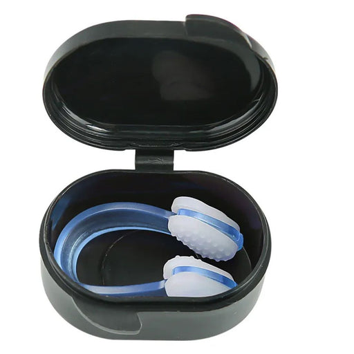 Bright blue silicone nose clip stored inside black oval case with white padded ends - 