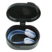 Bright blue silicone nose clip stored inside black oval case with white padded ends - 