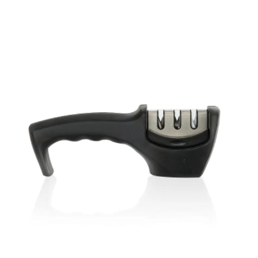 Black and silver knife sharpener on a white background