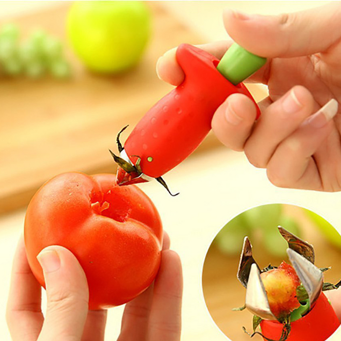 Dual-function kitchen gadget removing both strawberry stems and tomato stalks