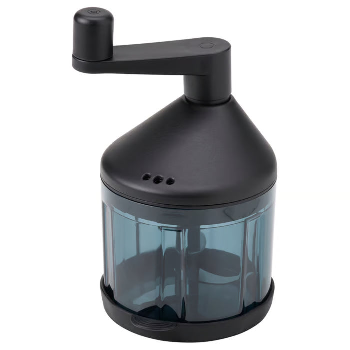 IKEA STENSNULTRA vegetable chopper in black-grey with turquoise transparent container, hand-crank design for manual chopping