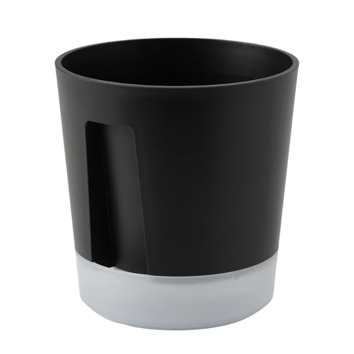 Close-up of IKEA VÅRDTRÄD self-watering plant pot in transparent and anthracite color, 12 cm diameter