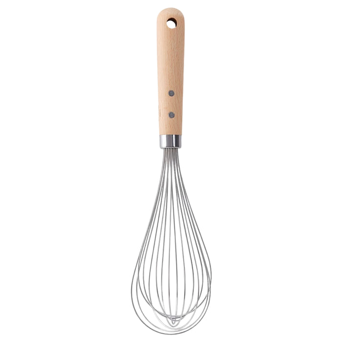 IKEA VARDAGEN balloon whisk measuring 30 cm (12") in length, featuring a looped stainless steel balloon head ideal for whipping and aerating, paired with a smooth beechwood handle fitted with two visible rivets and a hanging hole at the end. The blend of natural wood and polished steel gives the whisk a classic, durable aesthetic suitable for both amateur and professional kitchens -00581485.