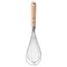 IKEA VARDAGEN balloon whisk measuring 30 cm (12") in length, featuring a looped stainless steel balloon head ideal for whipping and aerating, paired with a smooth beechwood handle fitted with two visible rivets and a hanging hole at the end. The blend of natural wood and polished steel gives the whisk a classic, durable aesthetic suitable for both amateur and professional kitchens -00581485.