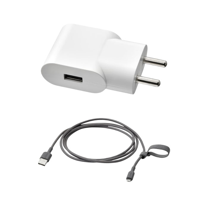 IKEA SMÅHAGEL White USB Charger 5W + LILLHULT Dark Grey USB-A to Micro-USB Cable 1.5m