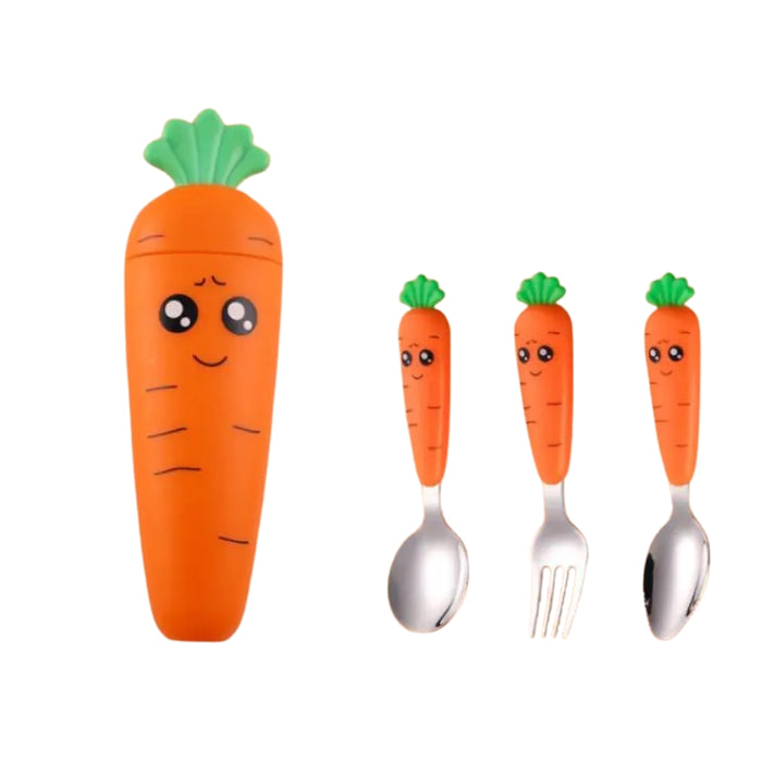 ildren's carrot-themed tableware set featuring a stainless steel spoon and fork with orange handles shaped like cartoon carrots—each handle includes a smiling face and green leafy top; set includes a matching transparent case with rounded corners and carrot illustrations, designed to store the utensils—304 stainless steel construction ensures durability and safety for baby solid food – 1600002332714 12850097.